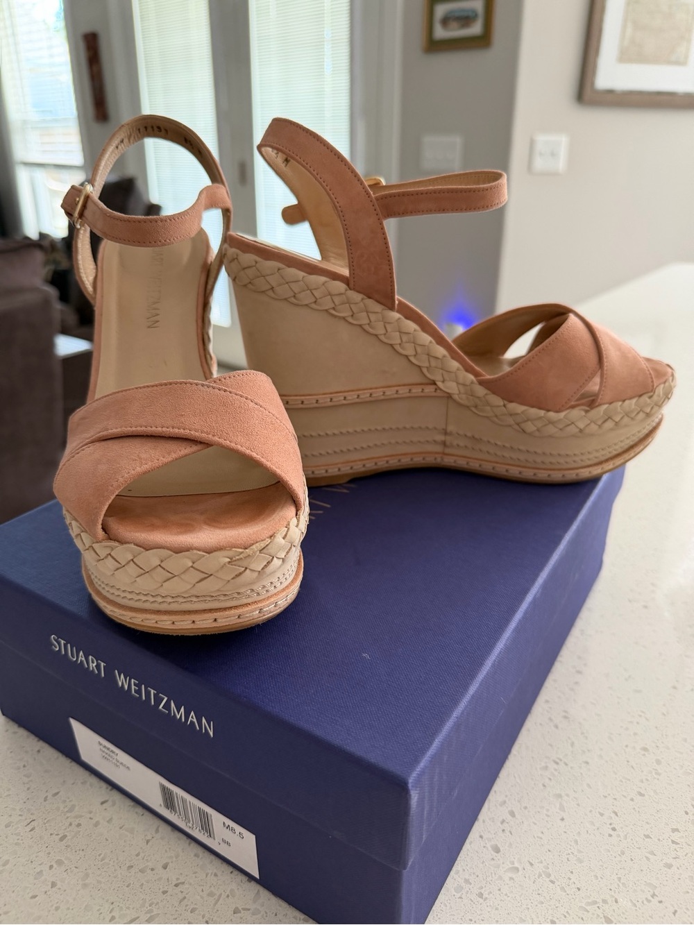 Stuart Weitzman Peach/Tan Suede Espadrille Wedges